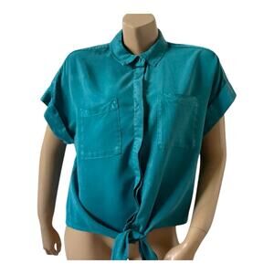 Velvet Heart Teal Chambray Tie Front Short Sleeve Button Up Collared Shirt Large